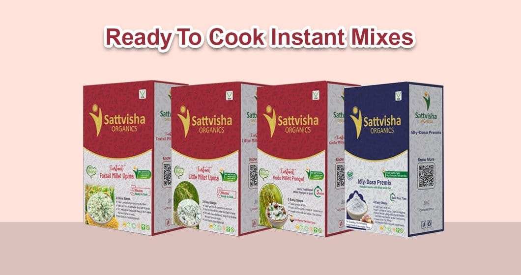 The Sattvisha ready-to-cook instant millet mix family — upma, pongal, and idly-dosa premixes